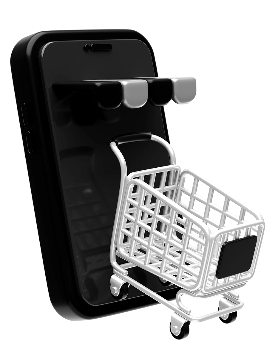 Celular com carrinho de compras saindo da tela